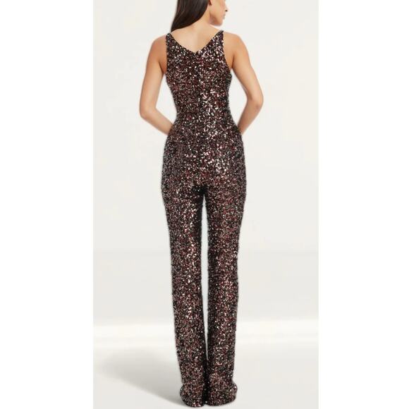 Dress the Population New Charlie Gunmetal Multi Sequined Jumpsuit Size L V-Neck - Picture 3 of 11